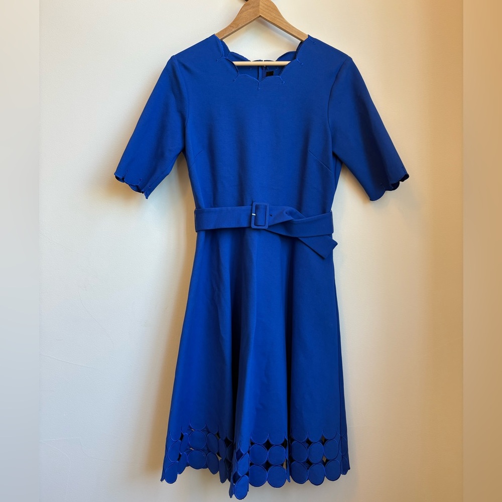 Teri Jon Blue A-Line Dress with Crew Neck and Short Sleeves